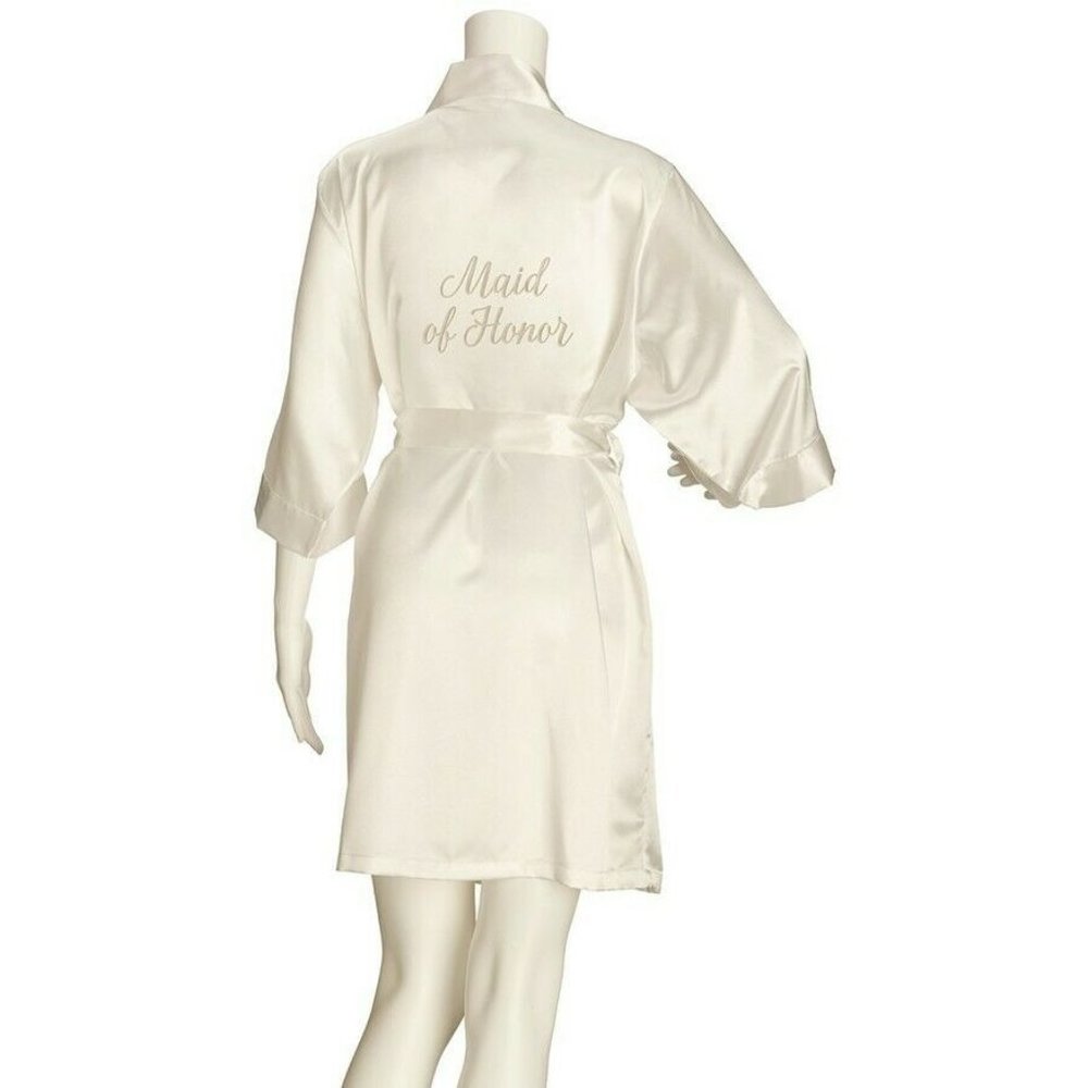 Lillian Rose Womens Satin Robe S/M Ivory Maid of Honor Bride Wedding Embroidered